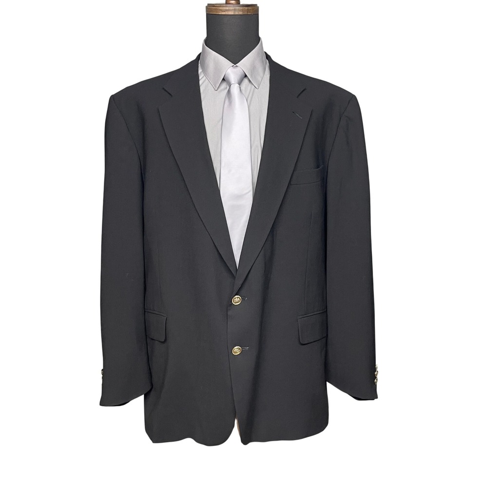 Stafford Blazer Mens 48L Black 100% Worsted Wool USA Gold Buttons Dark Academia